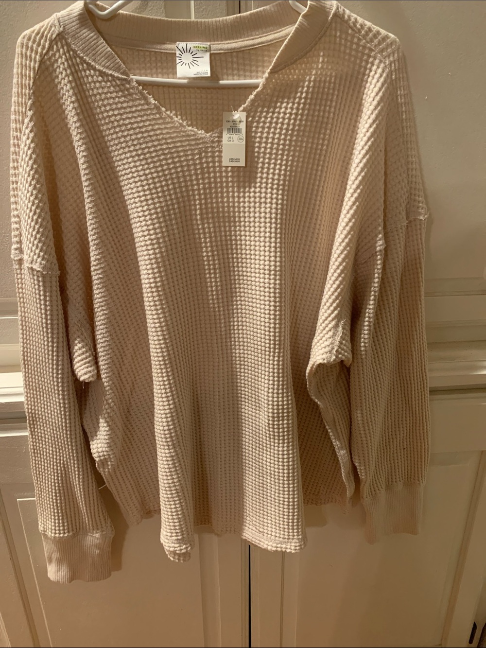 aerie Cream Waffle-Knit V-Neck Sweater Women’s Large NWT